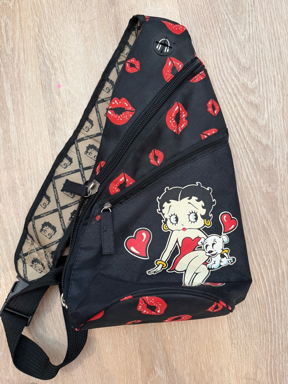 Betty Boop Black Sling Messenger Bag with Red Lip & Heart Print